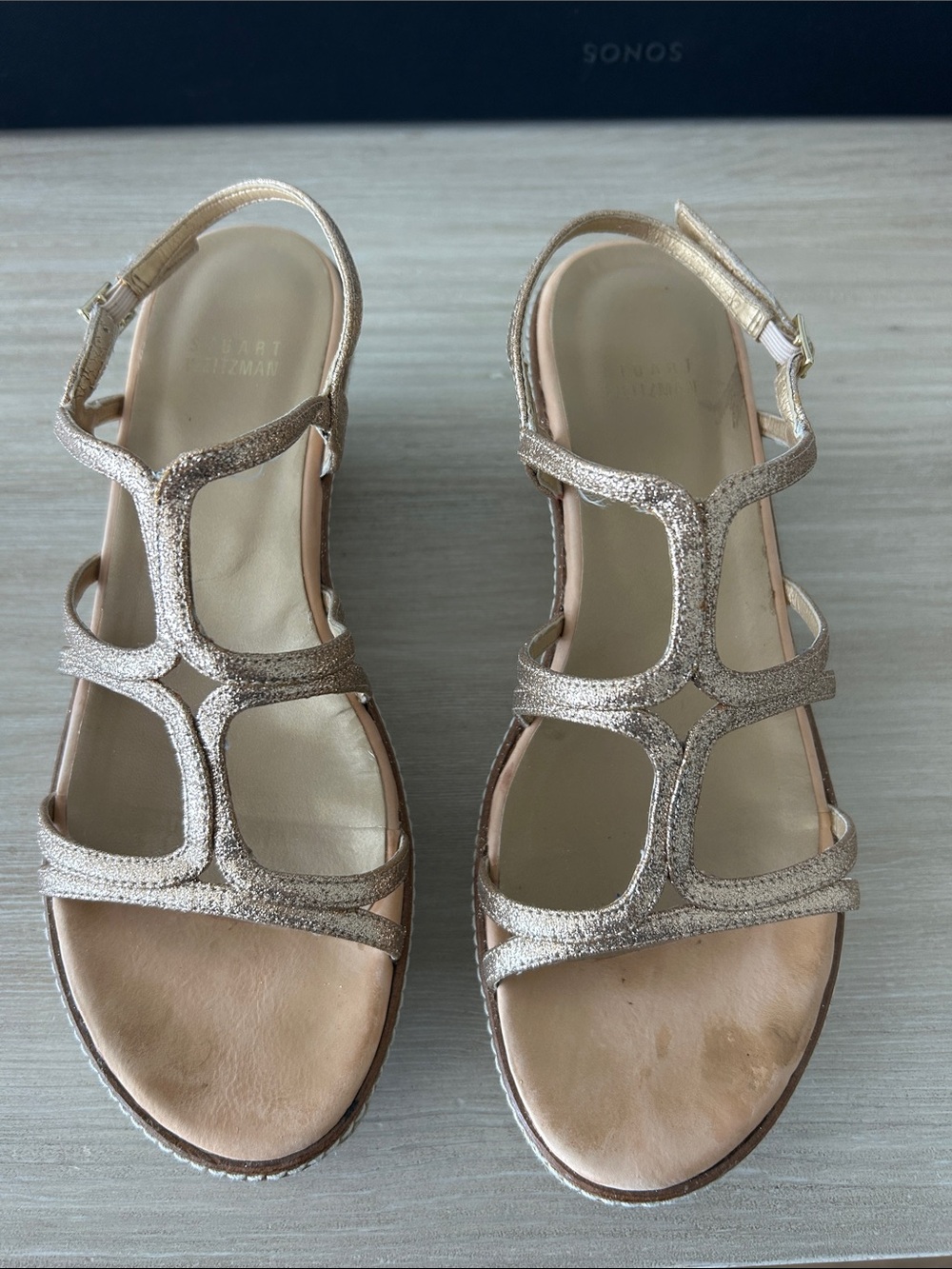 Stuart Weitzman Women’s Metallic Gold T-Strap wedge Sandals